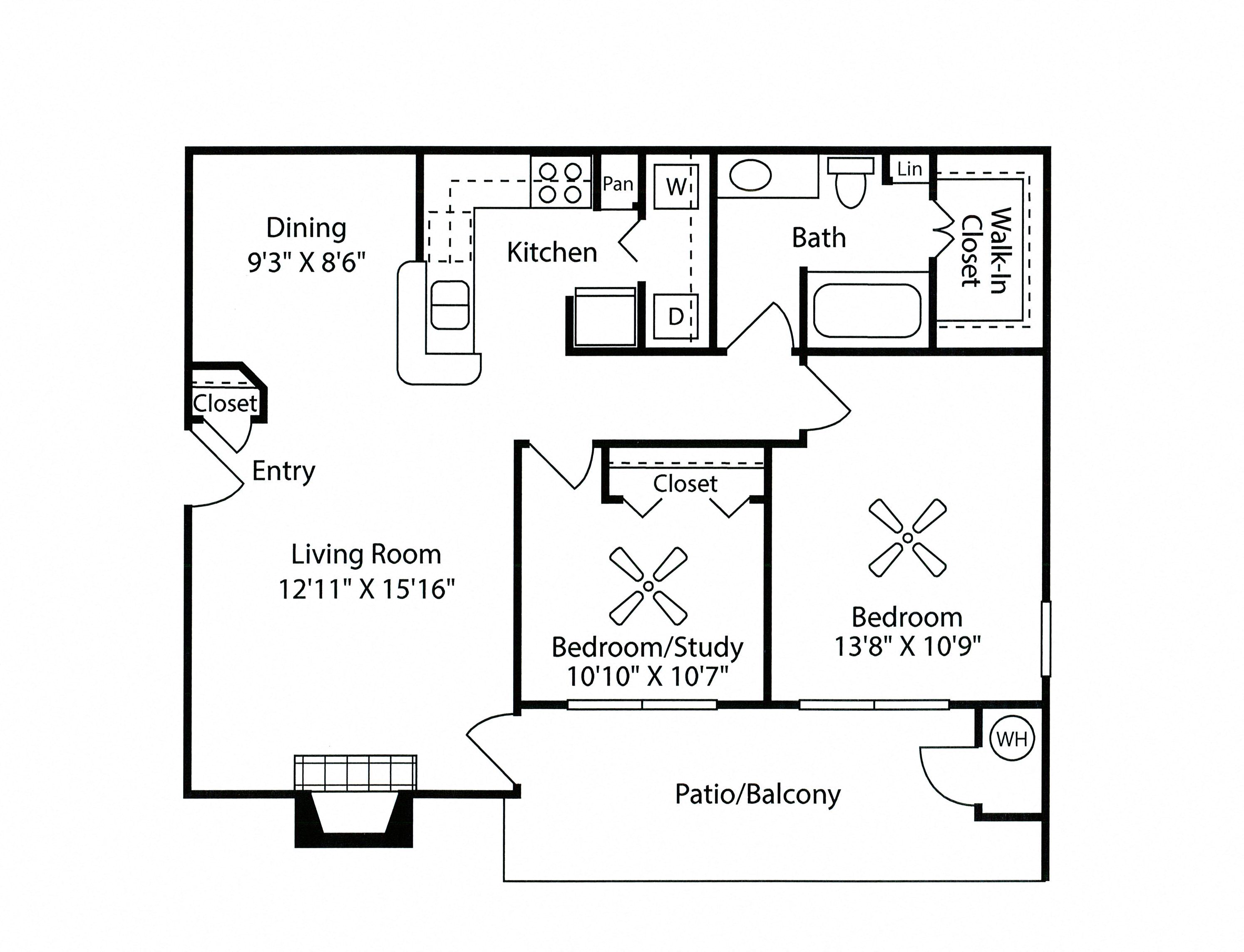 Floor plan for 1 bed, 1 bath, 853 sqft